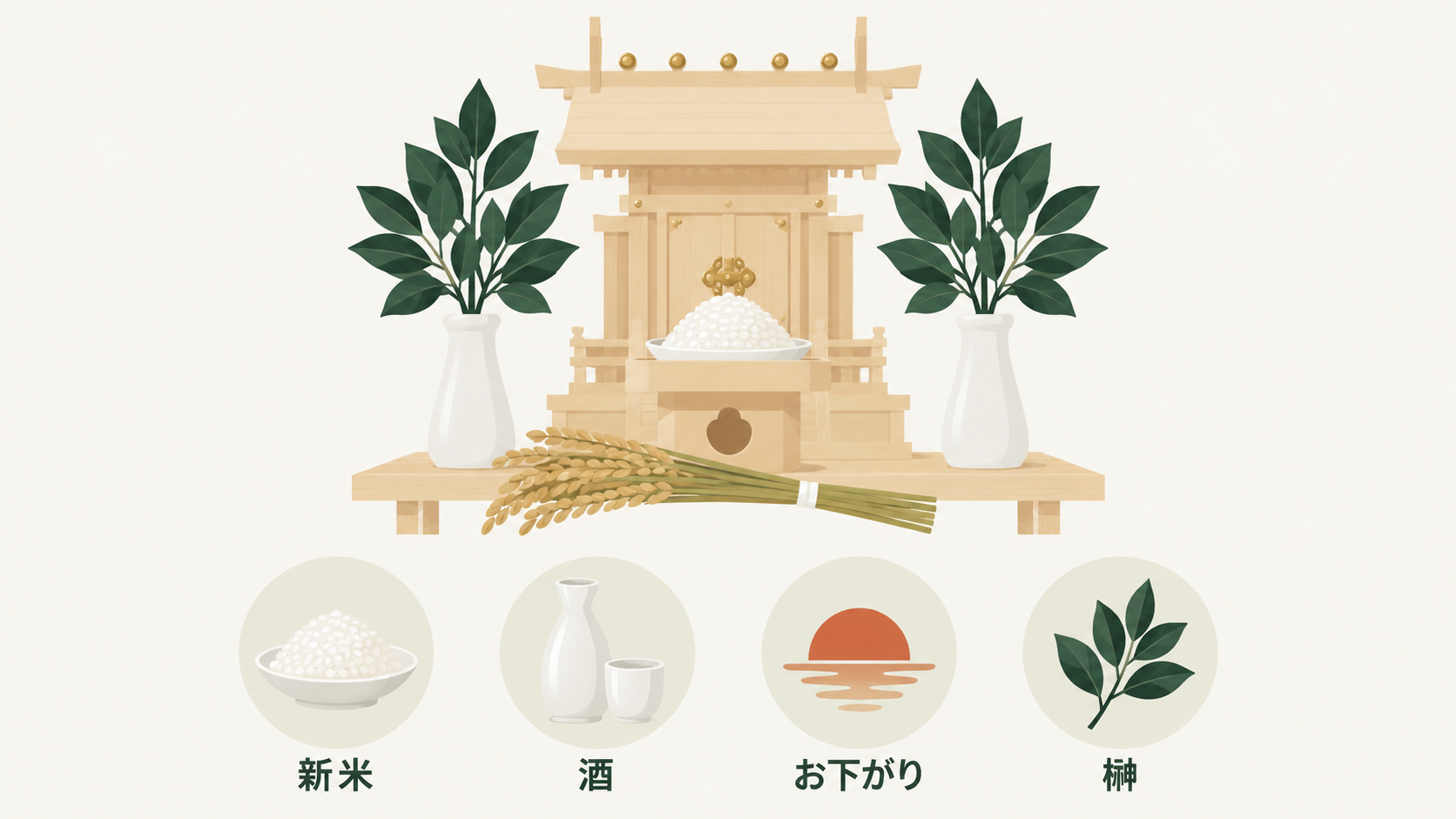新嘗祭の日の神棚の例。新米を中心に供え、榊も新しくして一年の実りに感謝します。