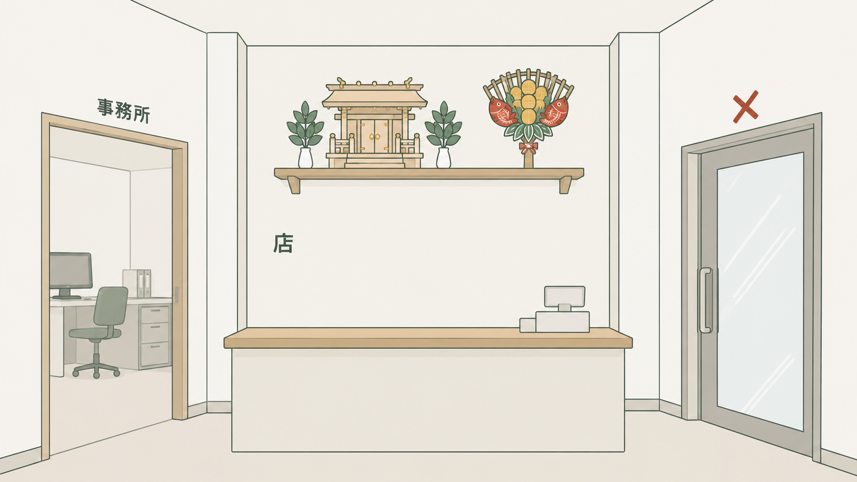 店や会社でも、熊手は高く明るい場所に飾るのが一般的です。出入口の真上は避けます。